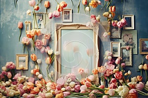 Tulip flowers and picture frames bohemian background. Generative AI