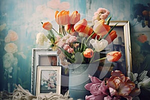 Tulip flowers and picture frames bohemian background. Generative AI