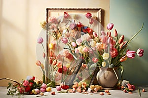 Tulip flowers and picture frames bohemian background. Generative AI