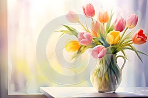 Tulip flowers in vase on the table with sunlight on blur background, copy space to add text. Watercolor illustration