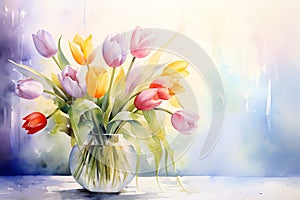 Tulip flowers in vase on the table with sunlight on blur background, copy space to add text. Watercolor illustration