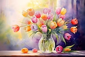 Tulip flowers in vase on the table with sunlight on blur background, copy space to add text. Watercolor illustration