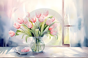 Tulip flowers in vase on the table with sunlight on blur background, copy space to add text. Watercolor illustration