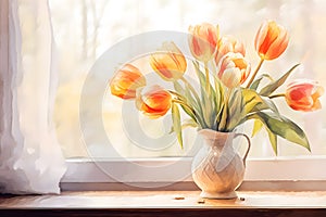 Tulip flowers in vase on the table with sunlight on blur background, copy space to add text. Watercolor illustration