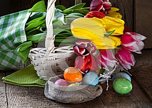 Tulip flowers in wooden background