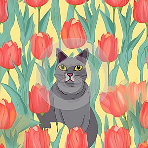 Tulip Garden Charm: Grey Cat Amongst Spring\'s Blossoms
