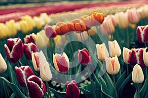 Tulip heads flower leaning towards sun in blooming spring field.