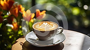 Tulip latte art on coffee cup, wooden table, spring background with blooming flowers.