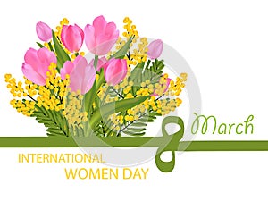 The Tulip and Mimosa bouquet, figure eight ribbon. Desing for March 8 International Women`s Day with flowers. Vector