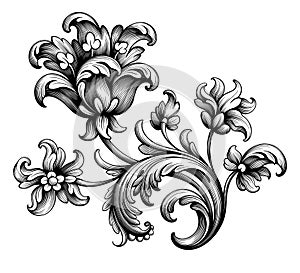 Tulip peony flower vintage Baroque Victorian frame border floral ornament scroll engraved retro pattern tattoo filigree vector