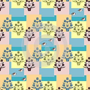 Tulip trees in flowerpots and funny birds on multicolor abstract geometric background. Seamless spring pattern. Curtain, wallpaper