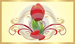 Tulip, two hearts and gothic ornament. Card