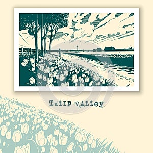 Tulip Valley with Dutch landscape, monochrome retro style. Vector spring banner with tulip fields landscape