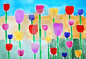 Tulips. Abstract colorful watercolor painting.