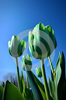 Tulips on a background of blue sky. Spring flowers.