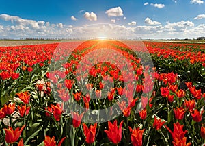 Tulips. Beautiful colorful red flowers in the morning in spring , vibrant floral background, flower fields in Netherlands.