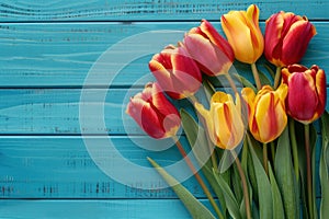 Tulips on blue wooden background. Top view with copy space. Valentine's Day, Woman's Day, Mother's Day