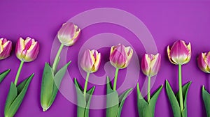 Tulips border with copy space on a colored background. Beautiful frame composition of spring flowers. Generative AI