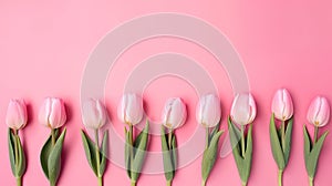 Tulips border with copy space on a colored background. Beautiful frame composition of spring flowers. Generative AI