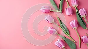 Tulips border with copy space on a colored background. Beautiful frame composition of spring flowers. Generative AI