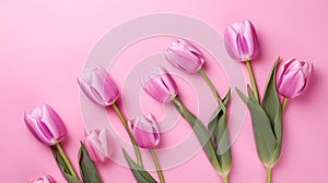 Tulips border with copy space on a colored background. Beautiful frame composition of spring flowers. Generative AI