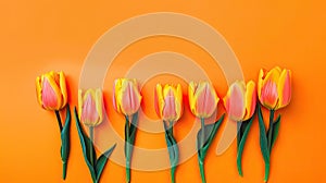 Tulips border with copy space on a colored background. Beautiful frame composition of spring flowers. Generative AI