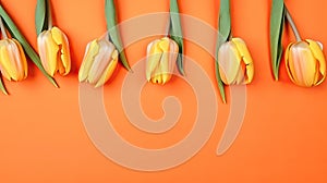 Tulips border with copy space on a colored background. Beautiful frame composition of spring flowers. Generative AI