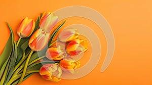 Tulips border with copy space on a colored background. Beautiful frame composition of spring flowers. Generative AI