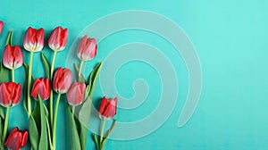 Tulips border with copy space on a colored background. Beautiful frame composition of spring flowers. Generative AI