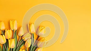 Tulips border with copy space on a colored background. Beautiful frame composition of spring flowers. Generative AI