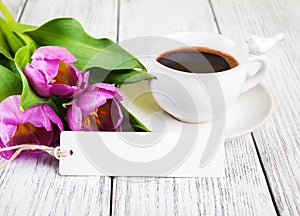 Tulips bouquet blank greeting card and coffee cup