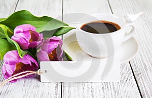 Tulips bouquet blank greeting card and coffee cup