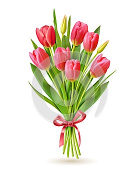 Tulips bouquet. Realistic 3d spring holland flowers for international woman day 8 march, mother and victory day greeting