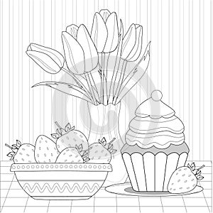 Tulips bouquet in vase, cupcake, strawberries on plate for coloring book page.