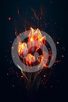 tulips burn with orange flames with sparks of fire.