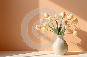 tulips in a clear glass vase with shadow coming off of a wall,