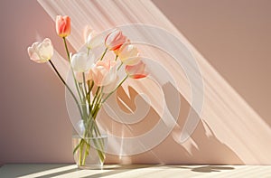 tulips in a clear glass vase with shadow coming off of a wall,