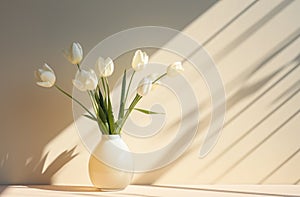 tulips in a clear glass vase with shadow coming off of a wall,