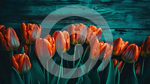 tulips are in the corner in front of a wooden background with enough copy space, ai generative