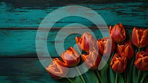 tulips are in the corner in front of a wooden background with enough copy space, ai generative