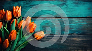 tulips are in the corner in front of a wooden background with enough copy space, ai generative