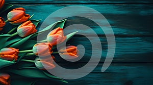 tulips are in the corner in front of a wooden background with enough copy space, ai generative