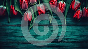 tulips are in the corner in front of a wooden background with enough copy space, ai generative