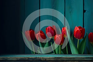 tulips are in the corner in front of a wooden background with enough copy space, ai generative