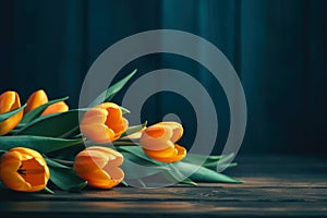 tulips are in the corner in front of a wooden background with enough copy space, ai generative