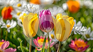 Tulips, daisies, chrysanthemums and crocuses blooming on a sunny bright day