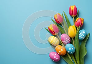 Tulips easter eggs on blue background.