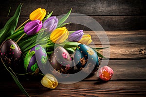 Tulips with Easter eggs on wooden planks