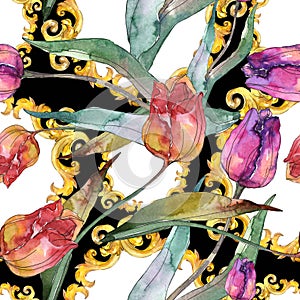 Tulips floral botanical flowers. Watercolor background illustration set. Seamless background pattern.