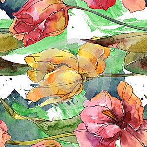 Tulips floral botanical flowers. Watercolor background illustration set. Seamless background pattern.